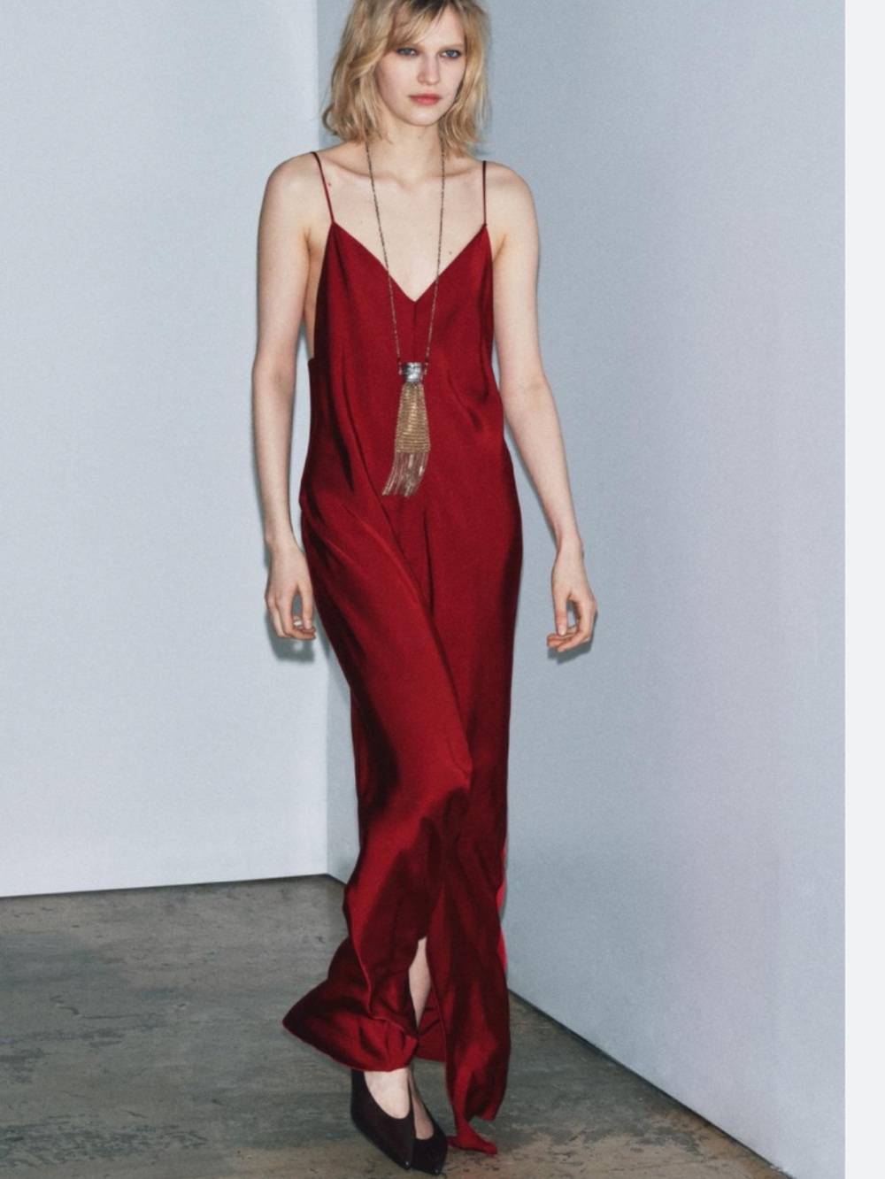 Zara Deep Red Satin Backless Slip Dress